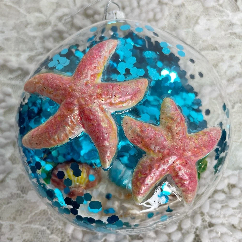 Pottery Barn Glass Starfish And Seashells With Blue Glitter Ornament Coastal
